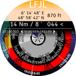 TAF message decoded with the TAF on WHEEL layout. Rotate the disc to see the weather forecast hour per hour.