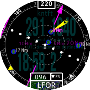 Course 096 is selected. We are flying in the "FROM" sector. Deviation is more than 10 degrees on the right.