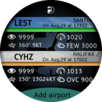 Main screen with 2 decoded METAR. Visibility, pressure, wind and ceiling are visible.